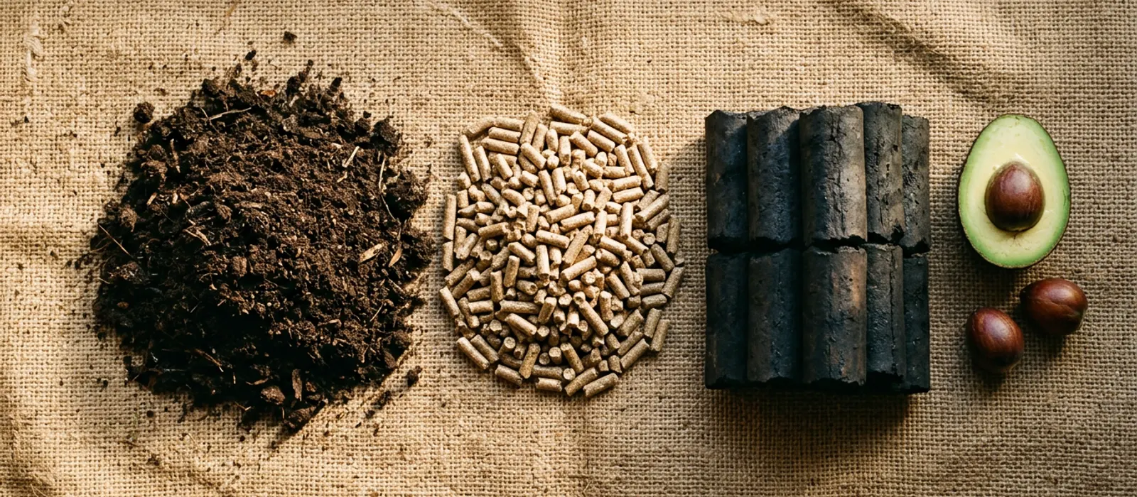 Three piles on burlap: dark biofertilizer, livestock feed pellets and stacked eco-briquettes, beside a halved avocado.