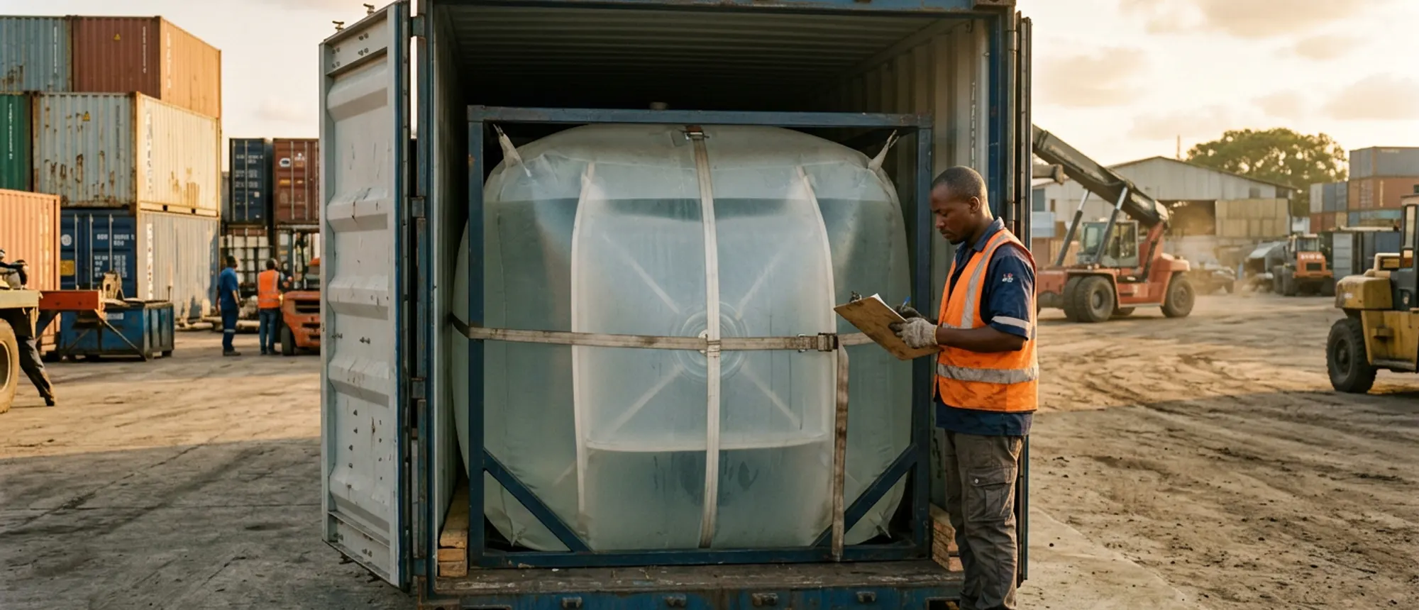 A shipping container fitted with a sealed flexitank is prepared for export.