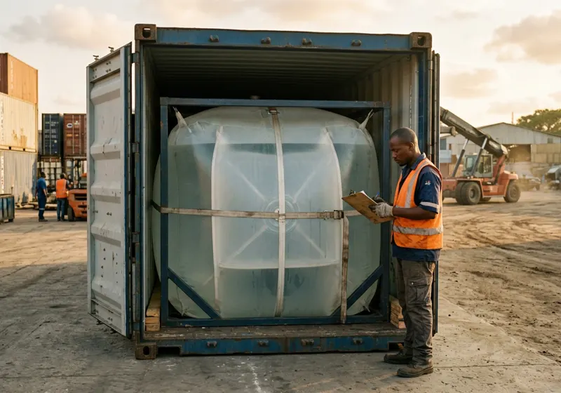 A flexitank-fitted container is prepared for shipment.