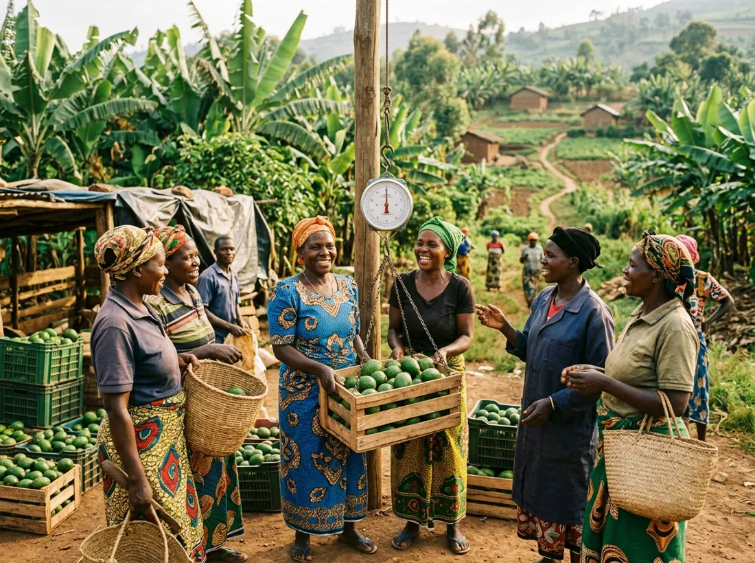Women farmers weigh crates of green avocados at a village collection point.