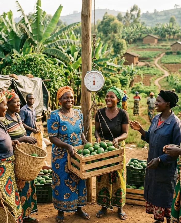 Smallholder farmers weigh crates of avocados at a collection point.
