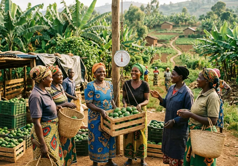Farmers weigh crates of avocados before delivery.
