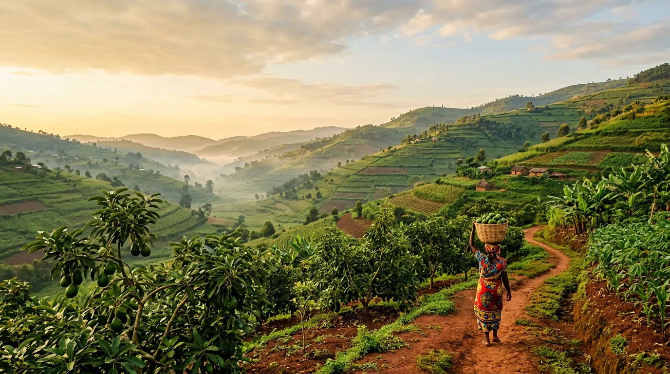 A farmer carries a basket of avocados along a red-earth path through Burundi’s terraced green hills at sunrise.