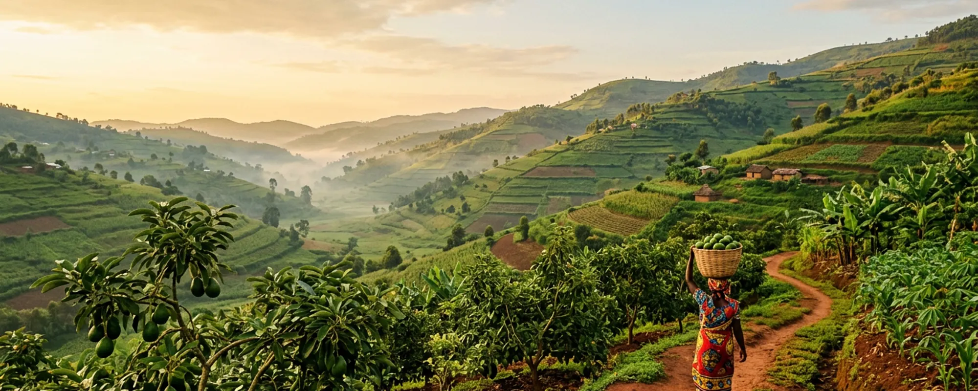 Terraced hills of Burundi planted with avocado trees at sunrise.