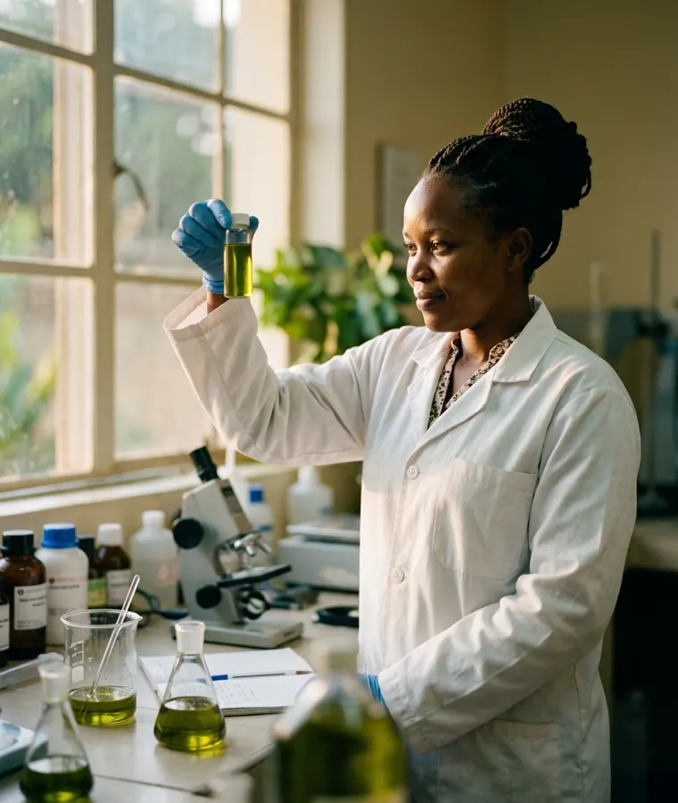 A laboratory technician holds a vial of green-gold avocado oil up to the light.
