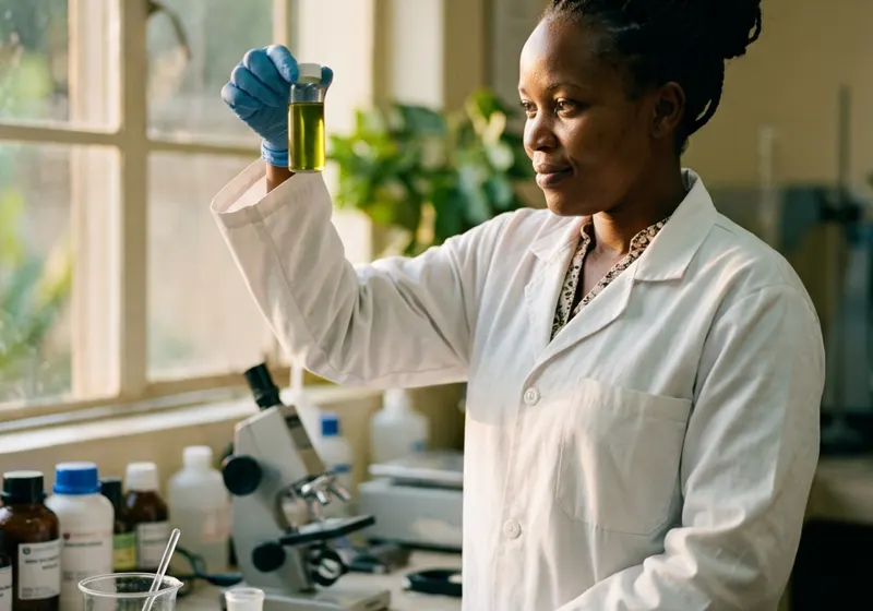 A technician inspects a vial of avocado oil in the laboratory.