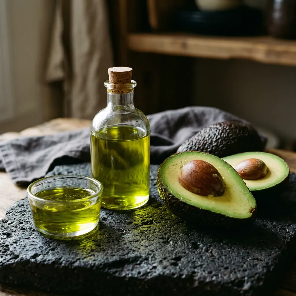 A cork-stoppered bottle of green-gold crude avocado oil beside halved avocados.