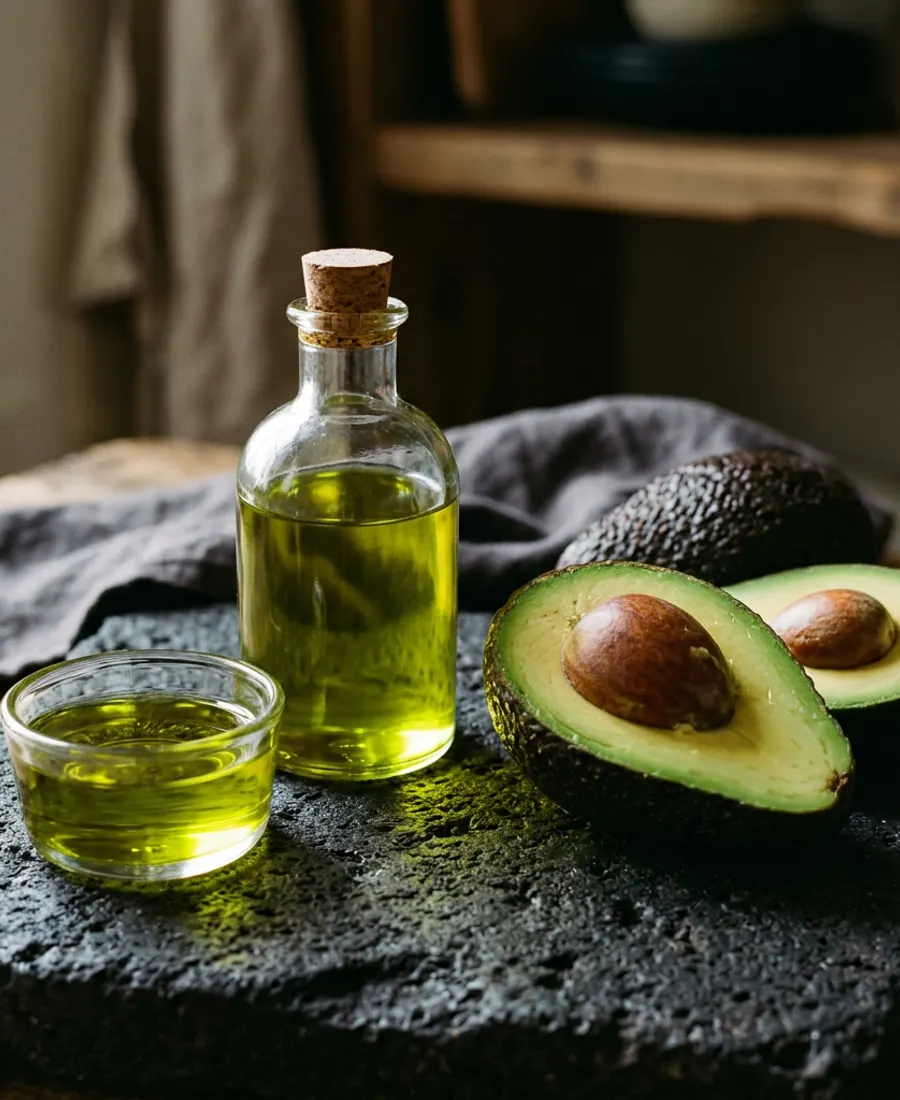 A glass bottle and dish of glowing green-gold avocado oil beside halved avocados on dark volcanic stone.