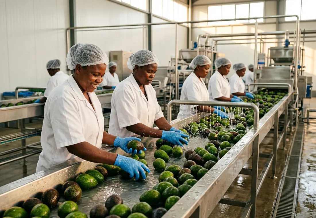 Workers in white coats and hairnets wash and sort avocados on a stainless-steel line.