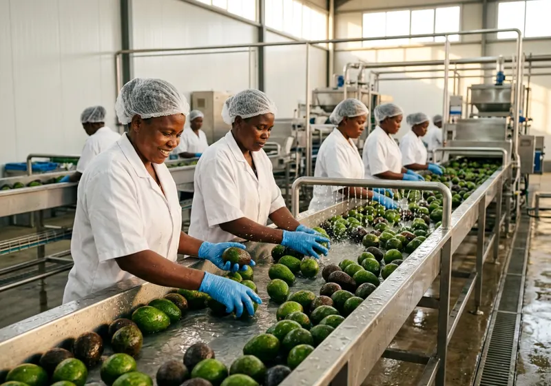 Avocados are washed and sorted on a stainless-steel line.